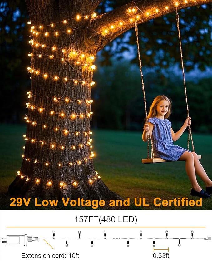 Warm White Christmas Lights Outdoor, 157FT 480 LED Christmas Tree Lights Waterproof, 8 Modes Plug in Fairy String Light for Indoor Party Xmas Tree Wedding Garden Patio Porch Decorations