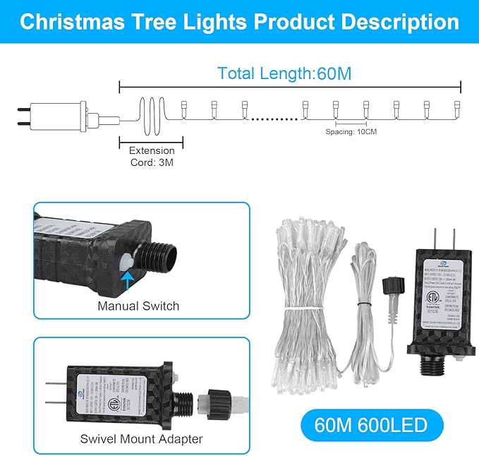 196 FT 600LED Christmas Lights Plug in,Multi Color Waterproof Fairy Lights with Timer/8 Modes, Christmas Tree Lights Lighting Outdoor Indoor Garden Party Wedding Christmas Tree Decoration