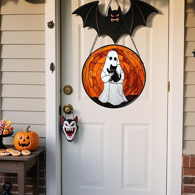 Stained Glass Window Hanging - Halloween Cute White Ghost Black Cat Suncatcher for Doors Garden Home Spooky Orange Sun Catchers Gothic Decor Horror Gift for Women Men Friend Boy Girl 15 in