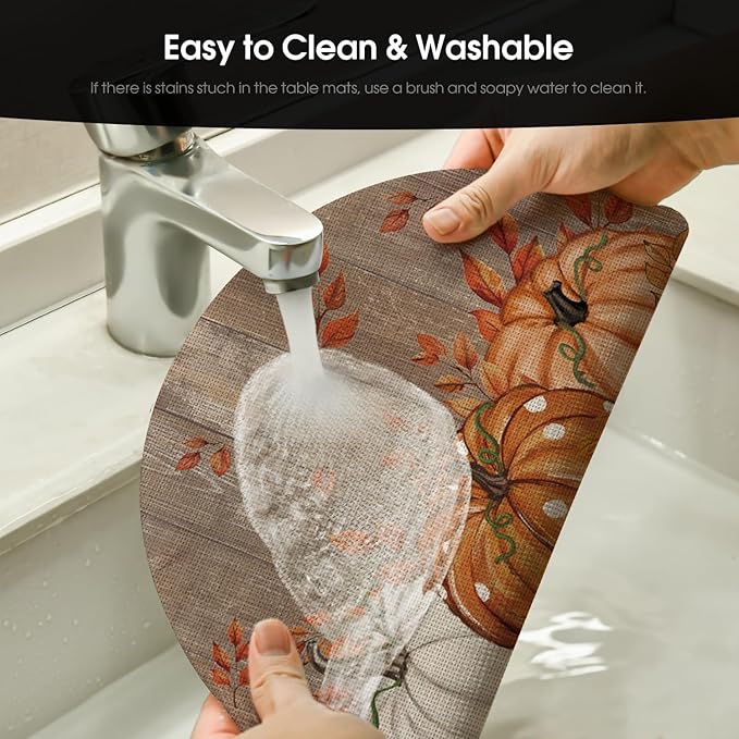 Artoid Mode Maple Leaves Pumpkins Plastic Round Fall Placemats Set of 4, 14 Inch Wipeable Woven Vinyl Table Mats for Farmhouse Party Kitchen Dining Decor