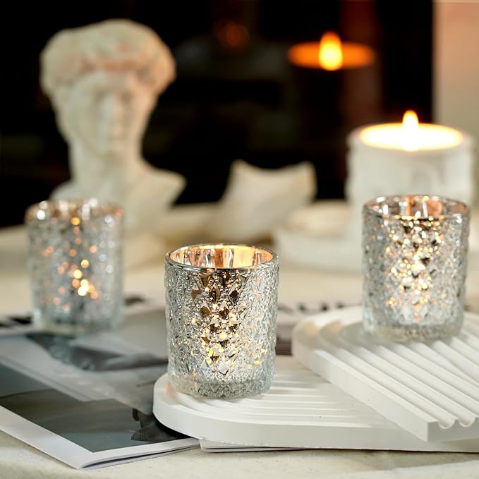 Homemory 24 Pack Silver Glass Votive Candle Holders, Tealight Candle Holder, Vintage Candle Holders Bulk for Table Centerpieces, Christmas, Baby Showers, Birthday, Wedding, Party