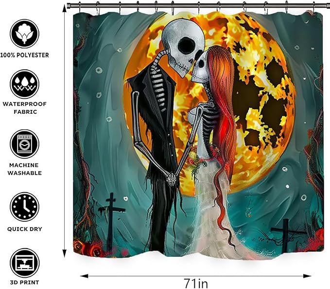 NEWSUYAA Halloween Decorations Shower Curtain Set with Non-Slip Rugs and Bath Mats,Black Skull Skeleton Bathtub Curtains with 12 Hooks,All Saints'Day (Nov 1st) Bathroom Decor