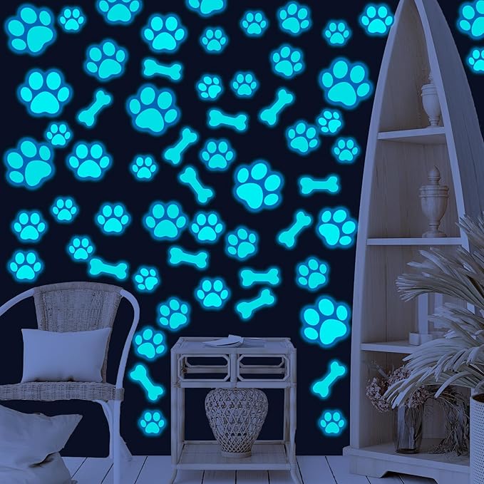 127 Glow in The Dark Dog Paw Stickers Luminous Removable Vinyl Wall Decals for Kids Nursery Bedroom(Blue Light)