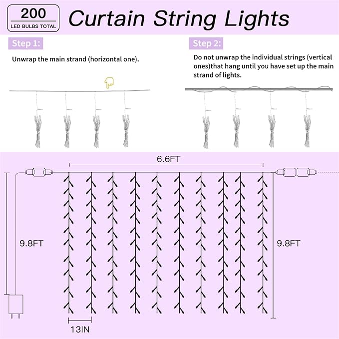 200 LED Rainbow Curtain String Lights 9.8 * 6.6FT Plug in Fairy with Timer and 8 Modes, Waterproof Window Wall Lights for Bedroom Wedding Party Indoor Outdoor Christmas Decor