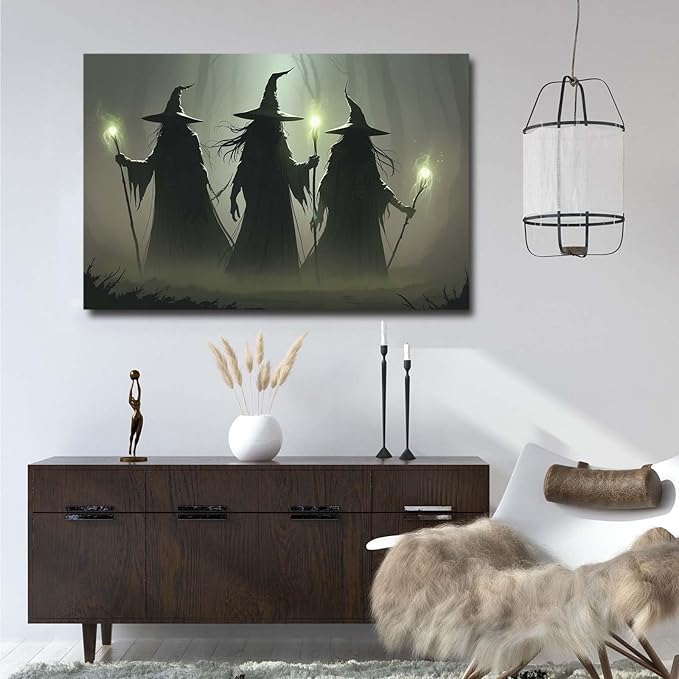 Vintage 3 witches canvas wall decor melancholy dark Halloween poster wall decor holding a staff print Gothic horror Halloween painting print for living room bedroom20x30in Wood Framed