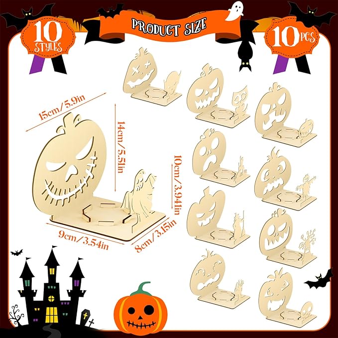 10 Pcs Halloween Wooden Candle Holders Tealight Candle Holder Props Pumpkin Shaped Wooden Holder for Halloween Party Decorative Items