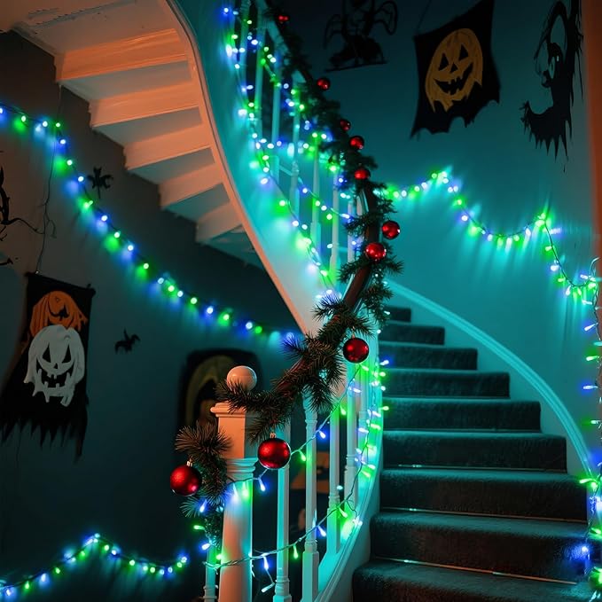 250 LED Blue Green Christmas Lights Outdoor Waterproof, 82ft Clear Wire Christmas Tree Lights 8 Modes Plug in Twinkle Fairy Lights for Indoor Christmas Bedroom Tree Decoration