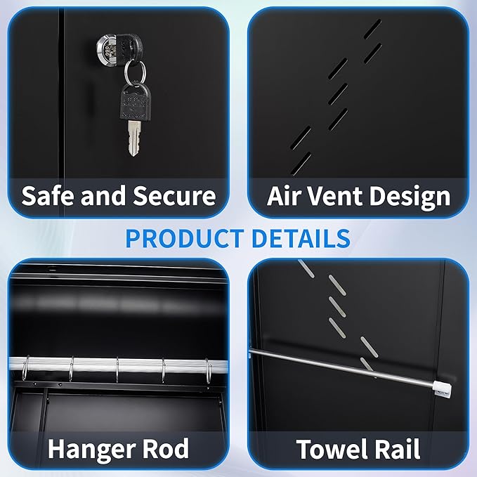 Metal Storage Cabinet with Lock Door, 75" Tall Garage Storage Cabinet with Hanging Rod, Broom Closet Bathroom Storage Cabinet, Cleaning Tool Cabinet