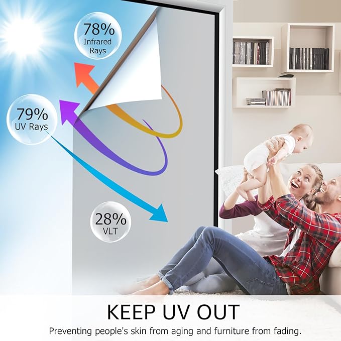 HIDBEA One Way Privacy Window Film, Daytime Privacy Sun Blocking Anti UV Reflective Window Film Heat Control Static Cling Window Tint Film for Home and Office, Silver, 23.6 x 157.5 Inch