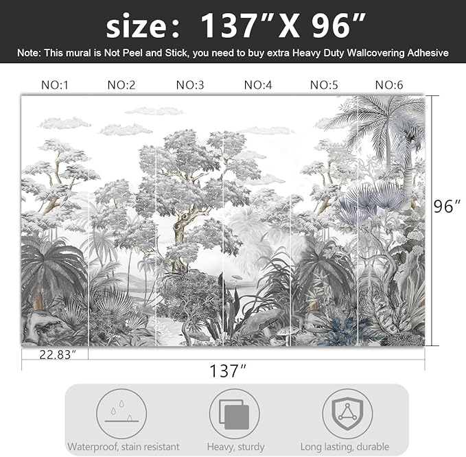 '-Tropical Rainforest Botanical Grey Jungle Forest Fabric Wallpaper Living Room Palm Leaf Plant Bedroom Bathroom Large Wall Mural- 137"x96"( not Peel and Stick)