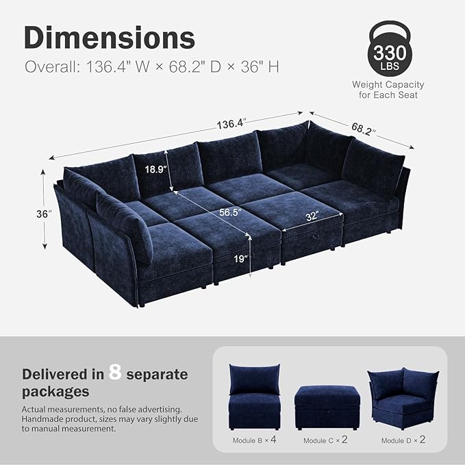 136.4" Oversized Modular Sectional Sleeper Sofa Bed, U Shaped Convertible Couch with Movable Ottoman, Large 8 Seat Corner Couches for Living Room Deep Seat Blue Chenille
