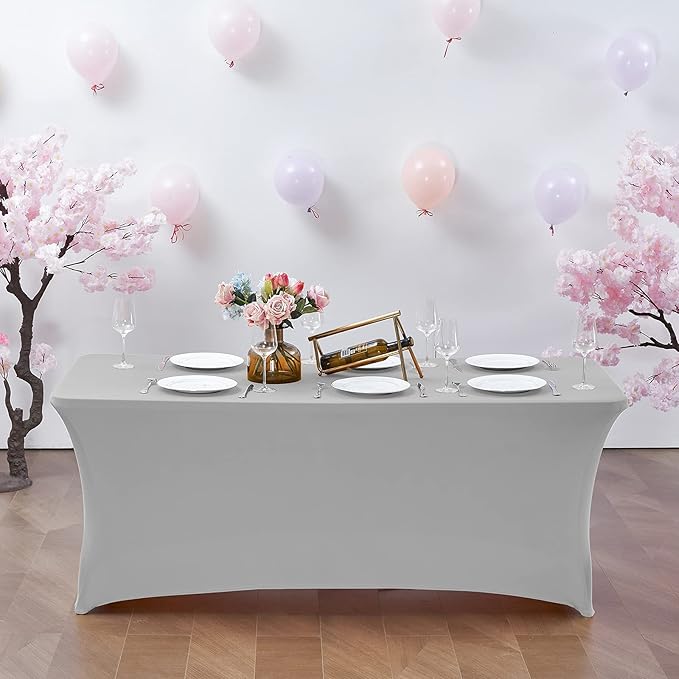 CWK 4FT Waterproof Stretch Spandex Table Cover for Rectangular Tables - Elastic Fitted Tablecloth for Folding Tables,Wrinkle Resistant Table Cloth for Parties, Weddings, Banquets & Events (Silver)