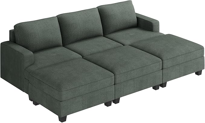 Nolany Corduroy Sectional Couch with Storage Ottoman, Sleeper Sectional Sofa with Chaise, Modular Sectional Couches for Living Room, Green