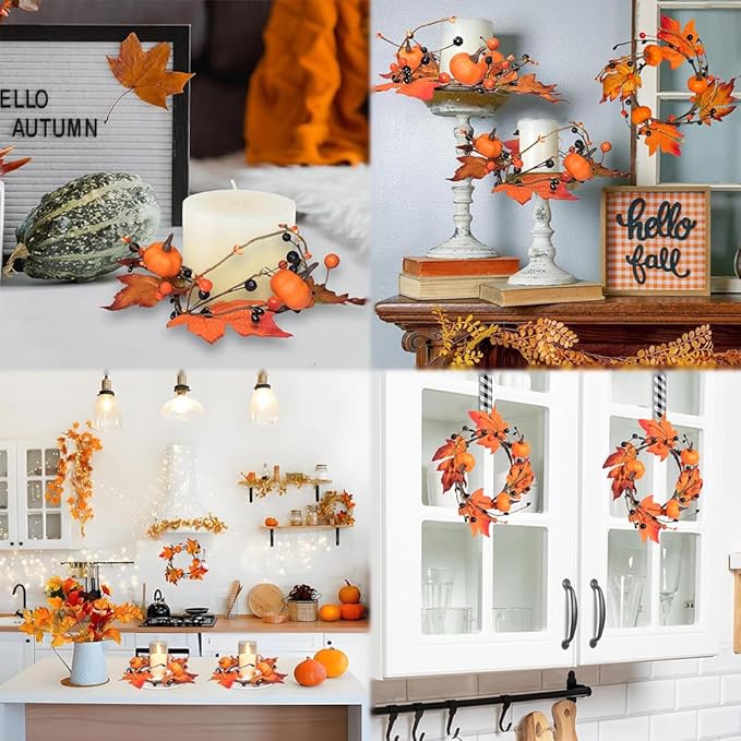 3pcs Fall Candle Rings Wreaths Autumn Maple Leaves Pumpkins Berries Candle Holder Rings Mini Wreaths Decorations for Tables Centerpieces Halloween Thanksgiving Harvest Christmas Home Kitchen Decor