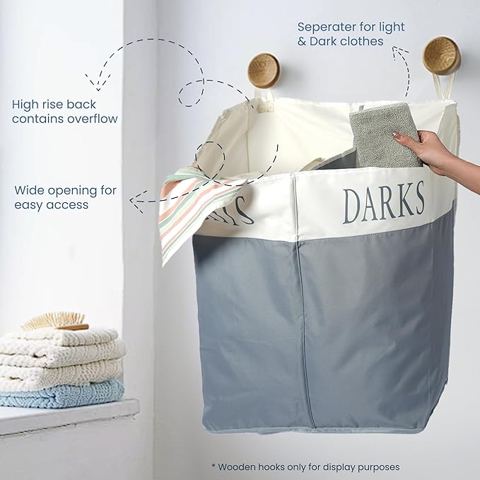 The Fine Living Co. X-Large Two Compartments Hanging Laundry Hamper with Over Door Hooks, Durable Space Saving Laundry Bag Storage with Bottom Zipper, Wide Open Top Dark/Light Compartment(25"x10"x31")