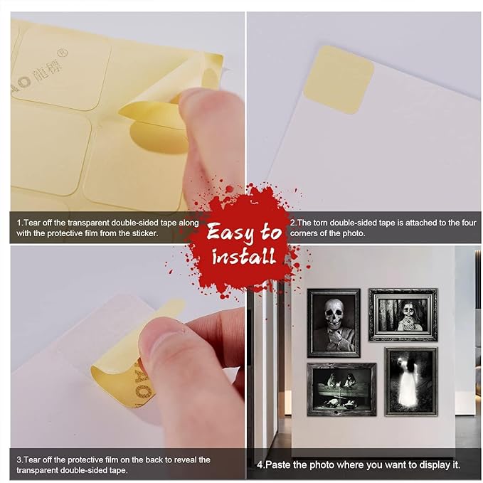 15 Halloween Gothic Creepy Skull Photos Haunted Horror Picture Frame, Waterproof Durable, with 80pcs Self Adhesive Dots,Creepy Photo Decoration For Haunted Family Castle Masquerade Party Black