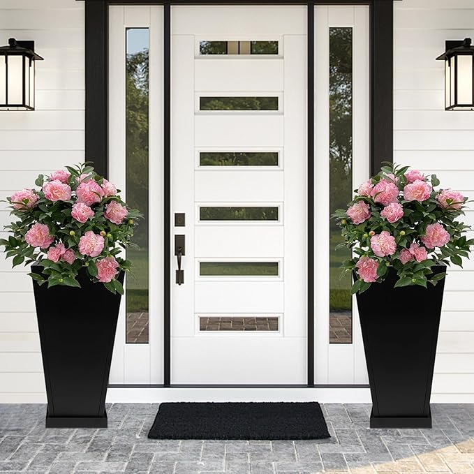 Metal Planter 30" H - 2 Pack, Tall Planters with Removable Insert Shelve & Saucer Trays, Metal Outdoor Planters for Porch, Garden, Patio, Yard (Black)