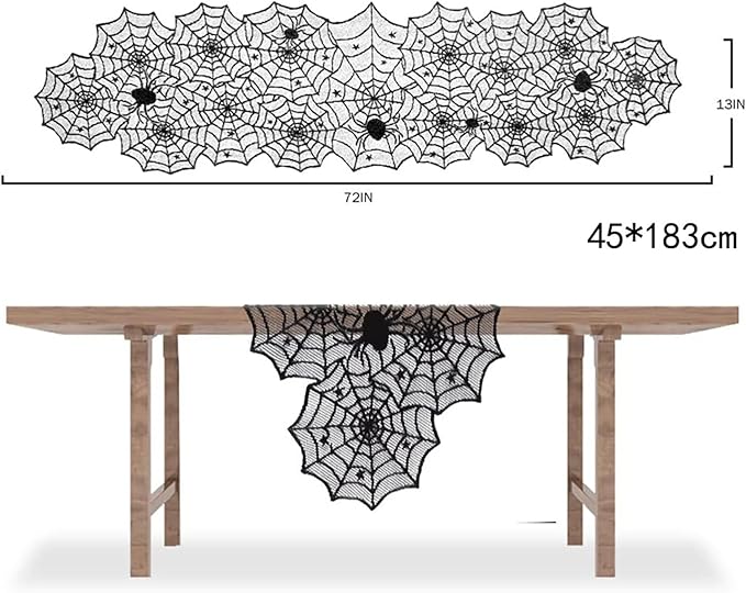 1-Pack Halloween Table Runner, Black Spider Stars Lace Table Runner, Gothic Kitchen Decor, Fall-Themed Party Decorations, Spider Web Reusable Home Accent, 18 x 72 Inches