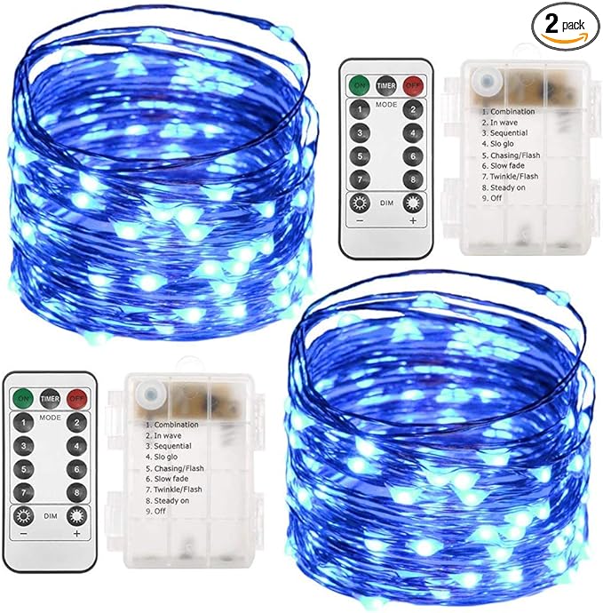 Twinkle Star 2 Pack Christmas Blue Fairy Lights Battery Operated, Total 66 ft 200 Led String Lights Remote Control Timer Twinkle String Lights 8 Modes Firefly Lights for Garden Party Indoor Decor