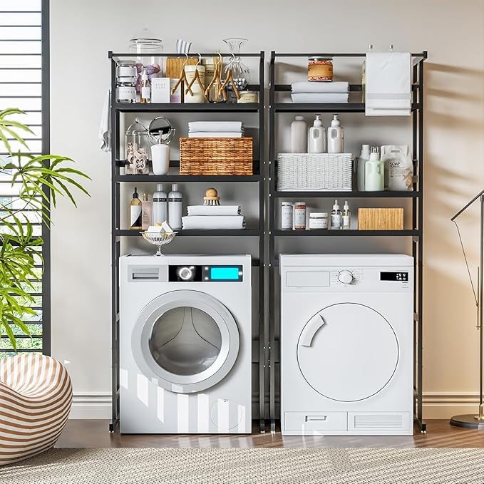 Dryer Storage Shel andf Over The Washer - Adjustable 4-Tier Heavy Duty Laundry Room Organizer, All Carbon Steel Standing Shelf with Hanging Rod, Anti-Tip Design, Super Stable 29.93" L x 11" D x 73" H