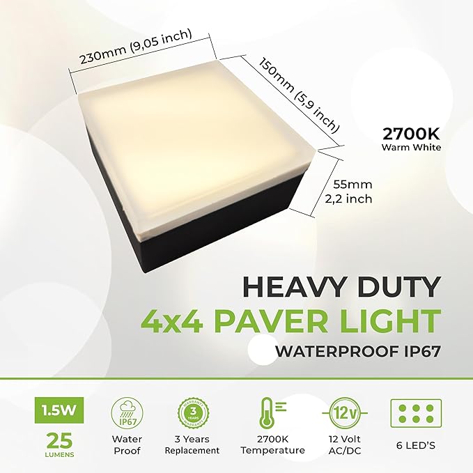 Paver Light 4×4 Inch (3.93 X 3.93 inch), Warm White 2700K Glare-Free Illumination for Driveways, Pathways, Pool Deck & Patios,12V AC/DC, Waterproof & Drive-Over Rated