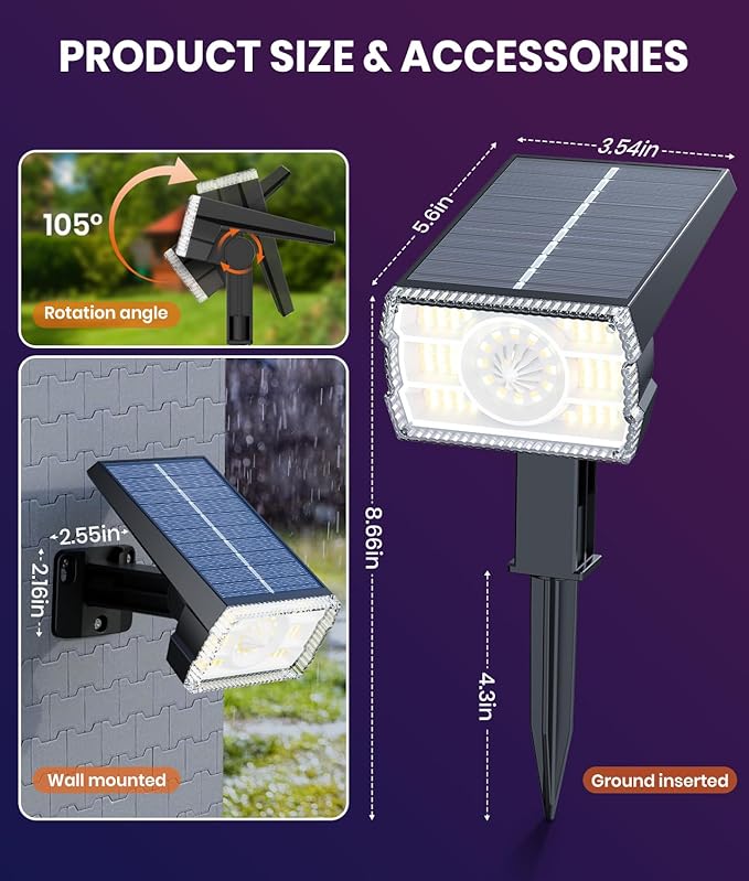 Solar Spot Lights Outdoor 2-Pack Multicolor IP65 Waterproof RGB - 6 Colors, 2 Modes, 105ยฐ Adjustable 58 LED Flood Lights, Solar Powered Spotlights for Yard, Garden, House & Landscape Lighting Outside