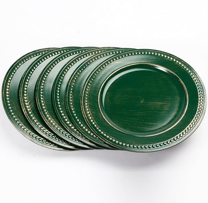 Vintage Charger Plates Set of 6, Beaded Charger & Service Plate, Plastic Charger Plate Set Bulk Wedding Easter, Event, Holiday, Elegant Table Setting Centerpieces, Hunter Green