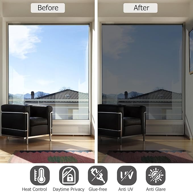 HIDBEA One Way Window Film, Daytime Privacy Sun Blocking Reflective Window Film No Glue Static Cling Heat Control Window Tinting Film for Home and Office, Black Silver, 45.3 x 157.5 Inch