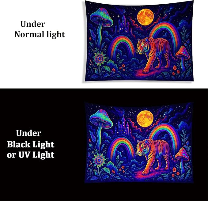 Starlit Patio Psychedelic Tiger Blacklight Tapestry UV Reactive Wall Hanging Rainbow Mushrooms Castle and Moon for Bedroom Dorm Living Room Glowing Jungle Decor Fluorescent Trippy Poster 78 x 59 Inch
