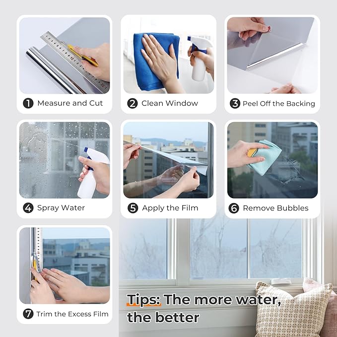 DOWELL Window Privacy Film, One Way Window Tint for Home, Static Cling Anti UV Sun Blocking Reflective Mirror Film, Heat Control See Out Not in Glass Tinting, Silver, 35.4" x 78.7"