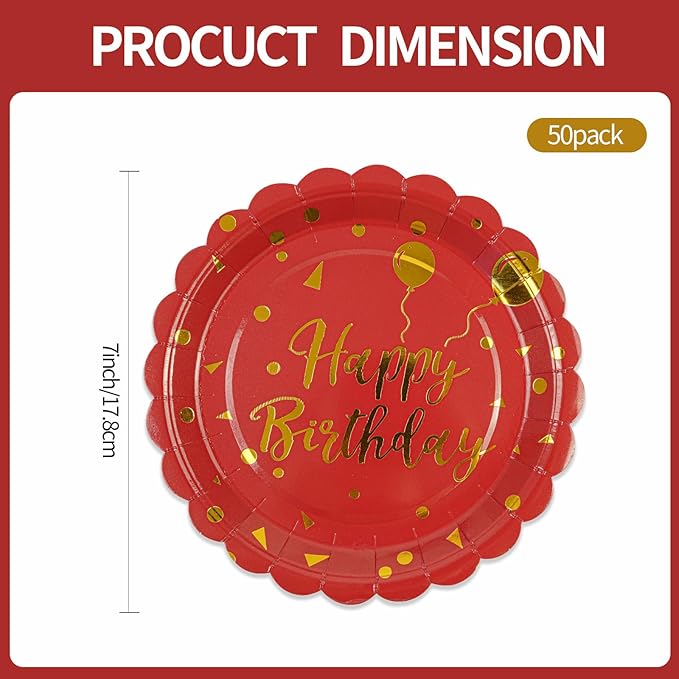 50PCS Happy Birthday Paper Plates - 7 Inch Birthday's Cake Plates Scalloped Dessert Plate Disposable Party Tableware Decorations for Birthday's Party Supplies (Red Birthday, 7 Inch)