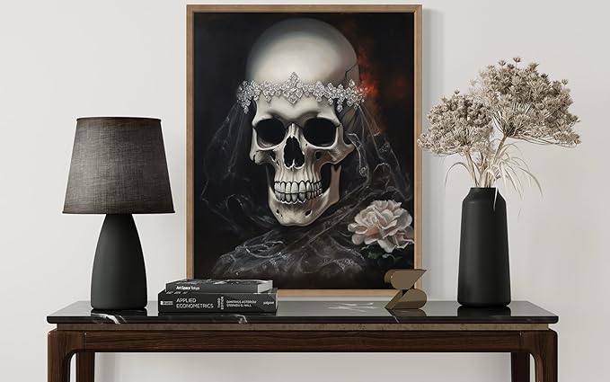 Skull Bride Poster Art Print, Halloween Scary Vintage Wall Art Academia Spooky Painting Decoration for Horror Prints, Gothic Posters Bedroom Decor 89 (Skull Bride, 8 x 10 inches, Wood Frame)