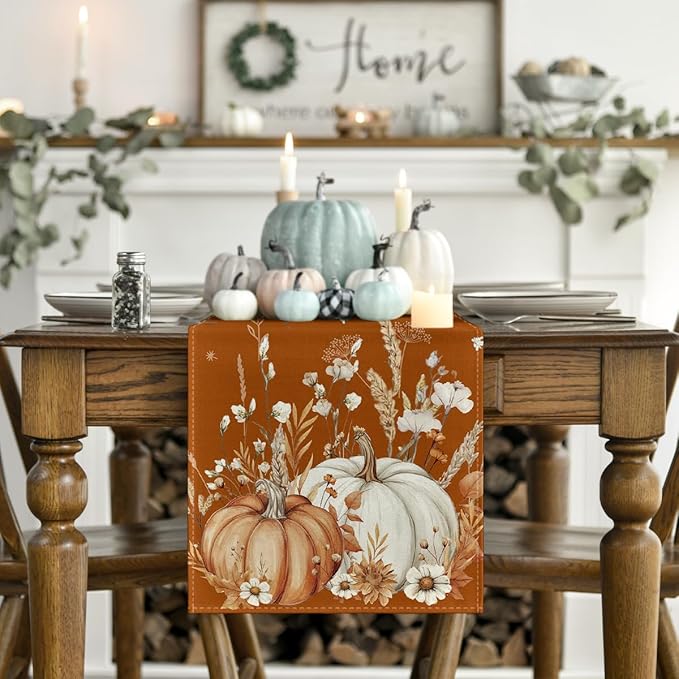 Artoid Mode Orange Pumpkins Leaves Flowers 210 GSM Fall Table Runner, Seasonal Autumn Kitchen Dining Table Decoration for Home Party Decor 13x60 Inch