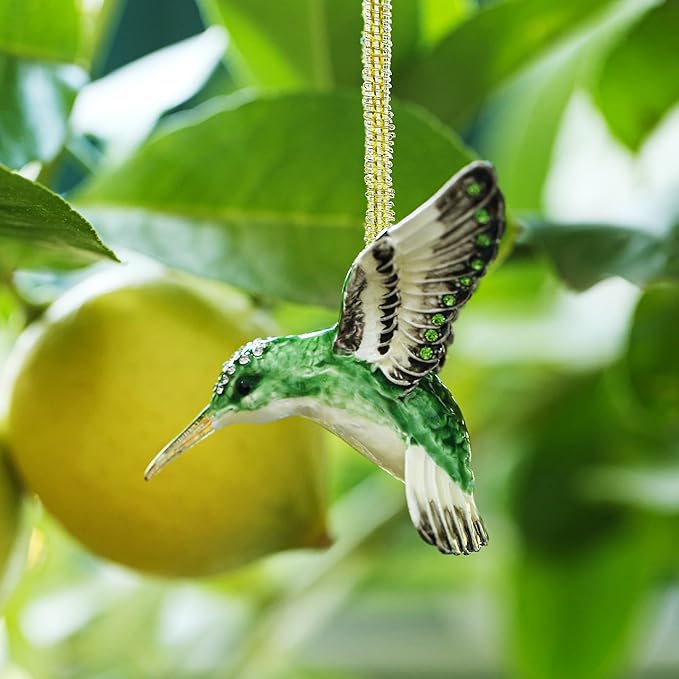 Hand Painted Enamel Hanging Hummingbird Ornament, Elegant Decorative Hanging Ornaments, Christmas Figurine Collectible Keepsake Home Decor, for Christmas Tree, Windows, Satin Ribbon (Hummingbird)
