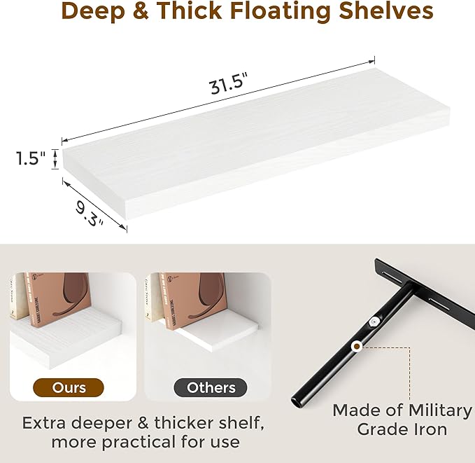 Fun Memories White Floating Shelves 32 Inch Long, 9 Inch Deep Floating Bookshelf Wall Mounted, Farmhouse Wood Shelves White for Bathroom, Living Room, Bedroom, Home Decor Deep Shelf for Wall Set of 2