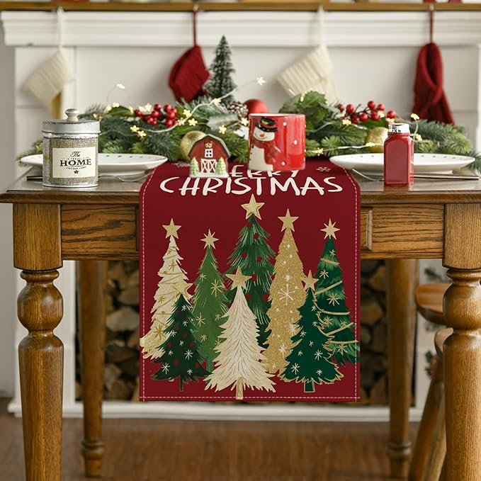 Artoid Mode Xmas Trees Snowflakes Red 210 GSM Merry Christmas Table Runner, Winter Kitchen Dining Table Decoration for Home Party Decor 13x36 Inch