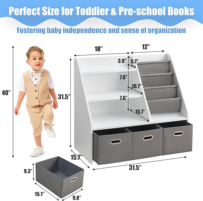 Wood Kids Bookshelf, Toy Organizer with Bookshelf, Montessori Toy Shelf W/Sling Rack & Fabric Toy Bins, Toy Storage Organizer for Toddler Children, Wooden Book Shelf for Kids Room Playroom