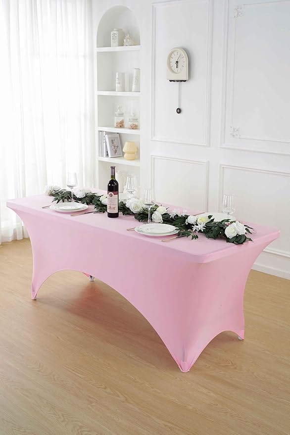 Craft And Party 2 Pack 8ft Light Pink Spandex Tablecloth – Fitted Stretch Cover – Universal Fit for Folding Tables – Wrinkle-Free, Washable – Ideal for Parties, Weddings, Events