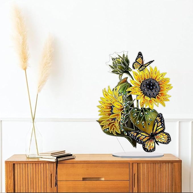 Diamond Painting Kits for Adults Beginners, 5D Full Drill Sunflower Butterfly Crystal Art Desktop Ornament, DIY Single Sided Home Office Desk Decor, Creative Craft Gift Set with Tools