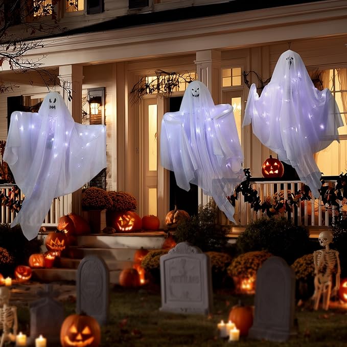 6 Pack Halloween Hanging Ghost Decorations with Lights, 27.5 Inch LED Light-Up Spooky Ghosts Indoor Outdoor Ornaments, Halloween Flying Hanging Ghosts for Haunted House Prop, Front Yard Patio Party