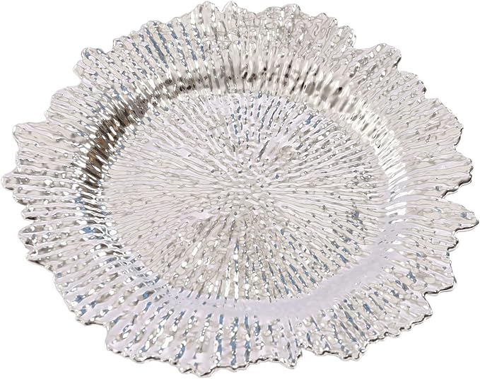 Antique Charger Plates Set 13'' Round Embossed Dinner Plate Chargers Plastic Elegant Floral Plates for Dinner Wedding Party Event Table Kitchen Decoration 100PCS (Silver 24Pcs)