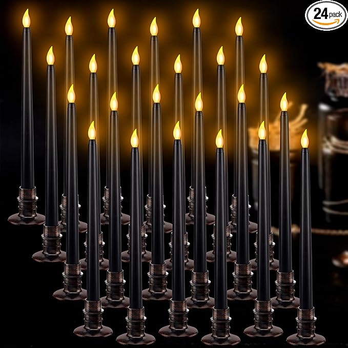 Alphatool 24 Pcs Halloween Black LED Flameless Candles with Bases - Flicker Flame, Tall Taper Smokeless Dripless Candles, Decor for Fireplace Diningtable Bar School