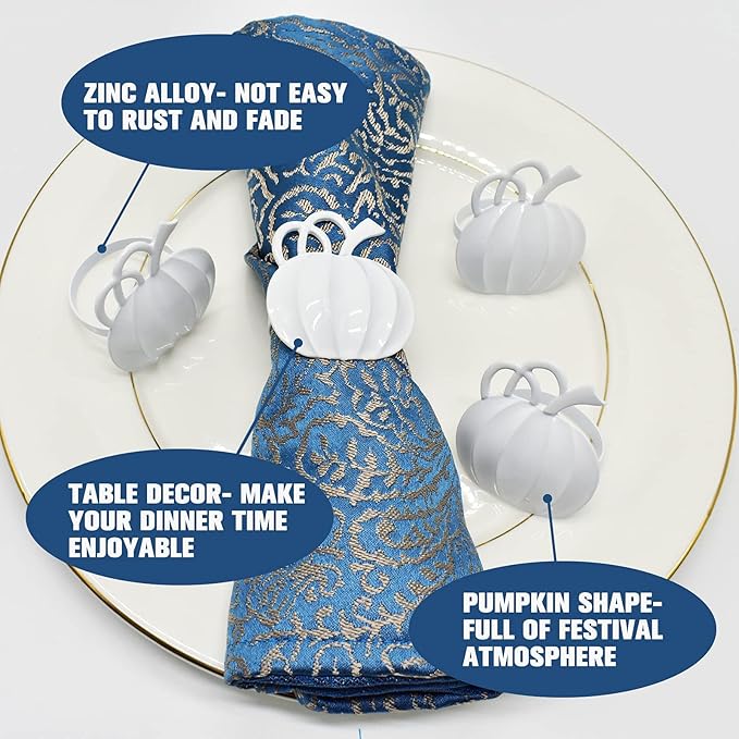 Halatool Set of 12 Thanksgiving Napkin Rings- Fall Harvest Pumpkin Napkin Holder, Alloy Dinner Tables Napkin Ring Decoration for Thanksgiving Weddings Holidays Gathering Party (White)