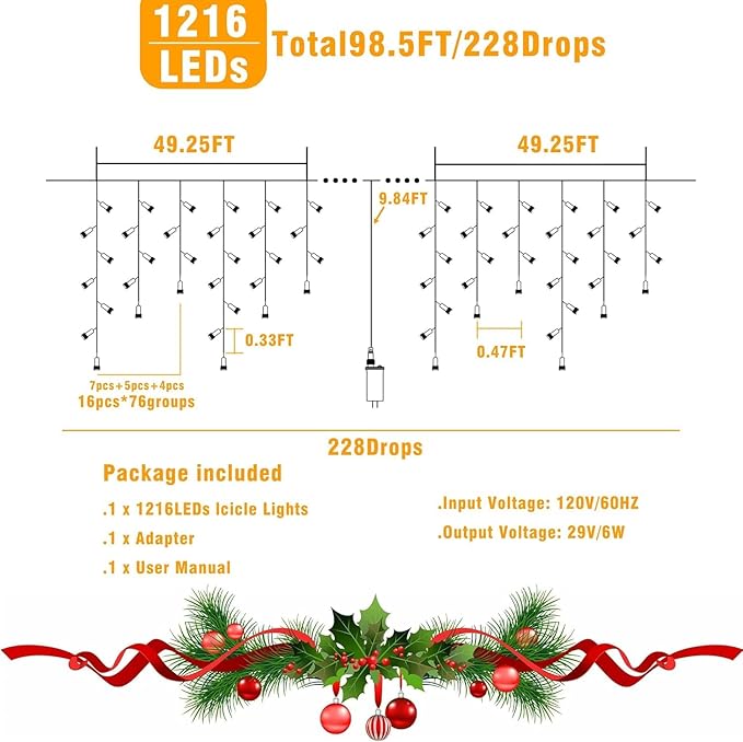 99ft Icicle Lights for Outside, Warm White Christmas Outdoor Indoor, 1216 LED Twinkle Strings with 228 Drops for Thanksgiving Room Home Wall Bedroom Window Decorations