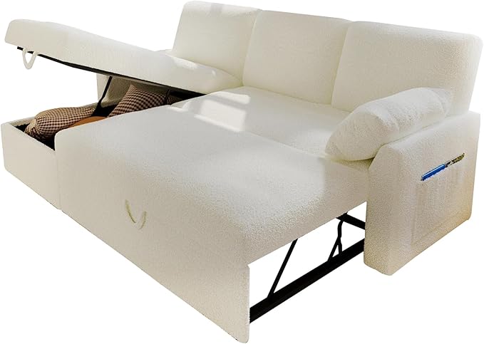 VanAcc Sofa Bed, Sleeper Sofa- 2 in 1 Pull Out Couch Bed with Storage Chaise for Living Room, White Sherpa 84in x 59in x 39in
