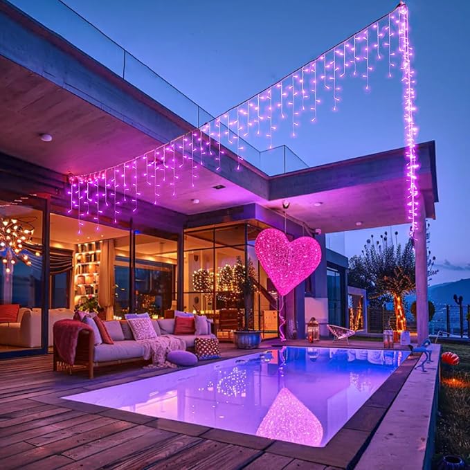 66ft Pink LED Icicle String Lights Indoor for Bedroom, 640 LED Patio Lights for Outside Clear Wire Connectable Twinkle Light with 8 Modes Timer Waterproof for Party Wedding Decoration