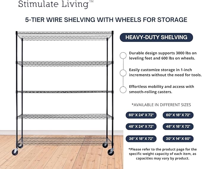 60"x24"x72" PRIME HEAVY DUTY Black 5-Tier Wire Shelving NSF 3000 LBS MAX Capacity Storage Rack for Commercial, School, Home, Garage, Warehouse, Industrial, and Hospital Uses (with Wheels)