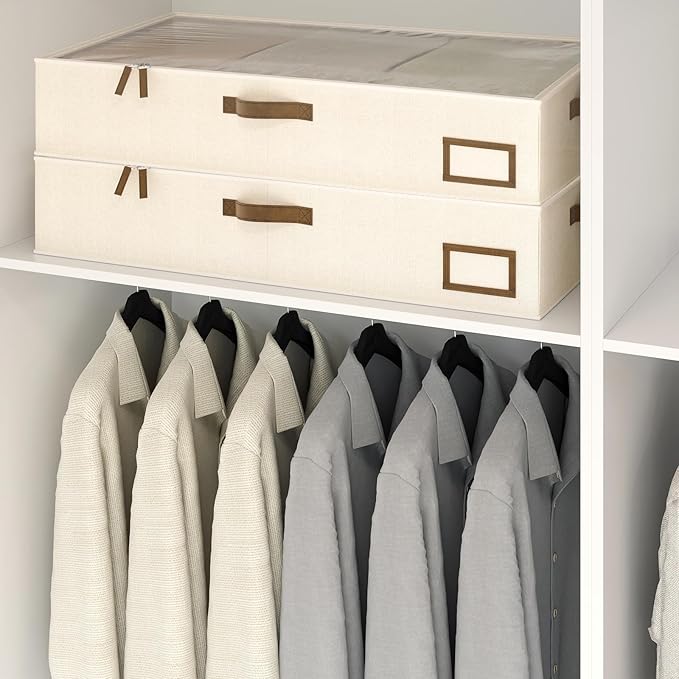 Under Bed Storage Containers, 2-Pack Underbed Storage Box, Collapsible Clothes Storage Bins with Handles and Lid, Large Under Bed Organizers for Shoe, Blanket, Toy, Pillow, Sheet, Beige