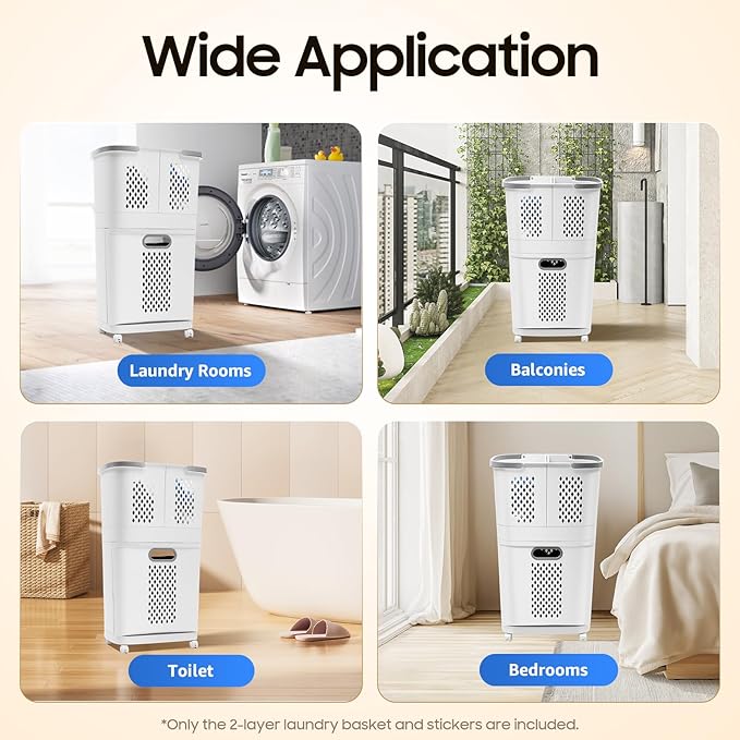 Movable Household Laundry Basket,2 Tier Laundry Hamper Basket Sorter with Wheels&Handle,Large Hand-Held Laundry Basket Clothes Storage Organizer for Bathrooms Bedrooms