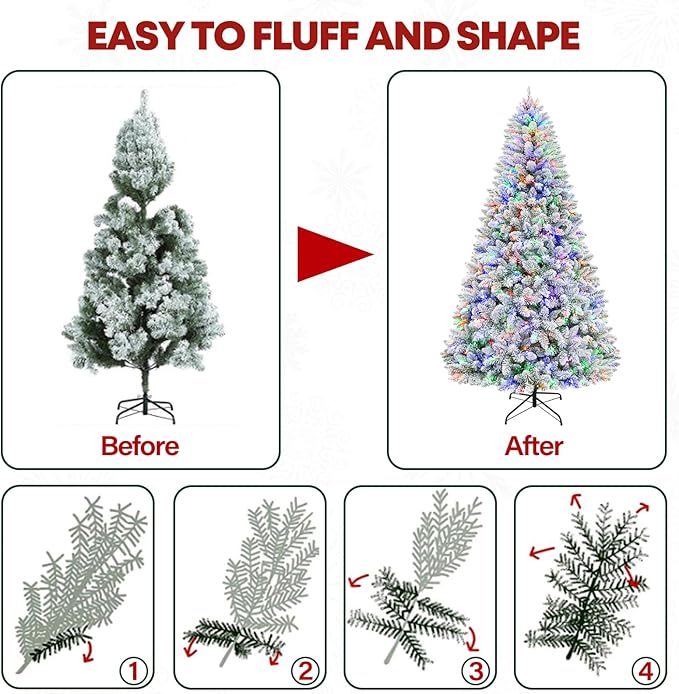 7.5ft Lighted Snow Flocked Christmas Tree, 450 Multicolor LED Lights, Artificial Christmas Tree with 1446 Branch Tips, Metal Stand & Hinged Branches for Decoration, 10 Modes